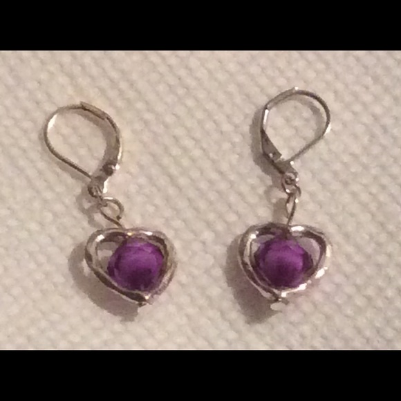 Silver plated hearts with a purple bead - Picture 2 of 4